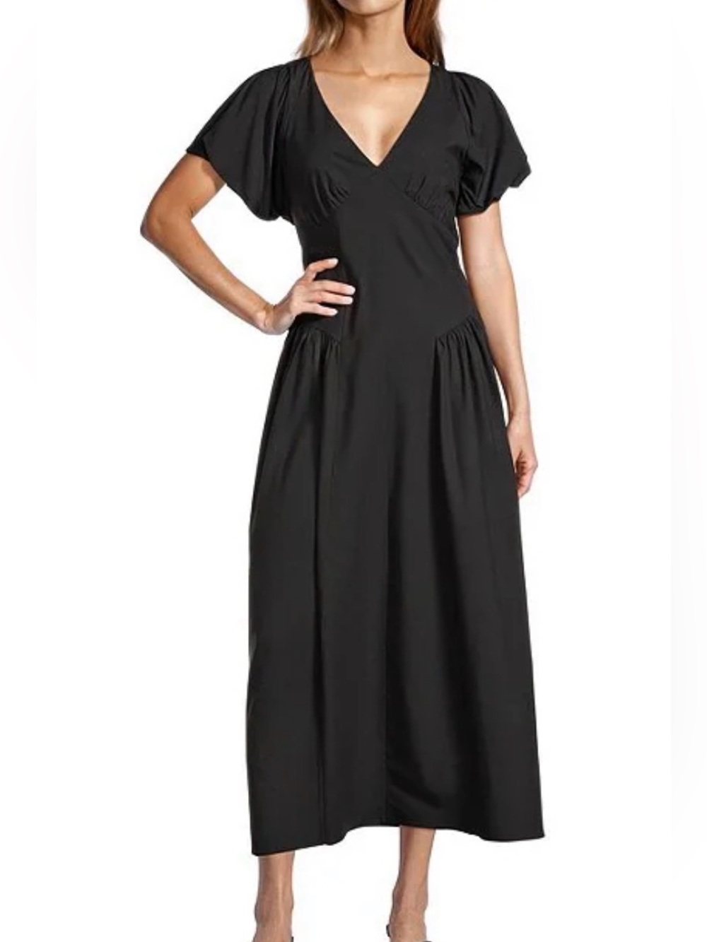 ANTONIO MELANI Kiara Short Puff Sleeve A-Line Maxi Dress Black New